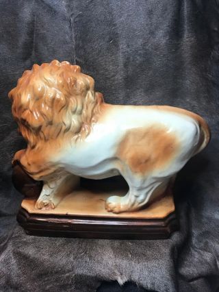 Vintage Ceramic Asian Guardian Lion With His Left Paw On A Sphere.  14”x5 1/4”x11” 5