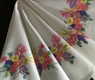 Gorgeous Vintage Hand Embroidered Tablecloth Floral Posies