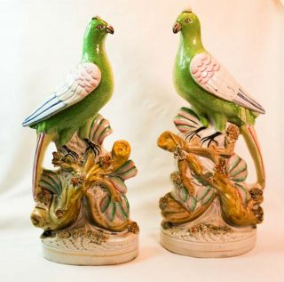 18th Century Staffordshire Green Bird Pottery Figure Set Rare