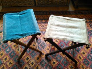 Vintage Blue & Beige Canvas Collapsible Camping Chairs,  Marked La Grant