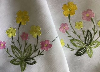 Gorgeous Vintage Linen Hand Embroidered Tablecloth Pretty Primroses