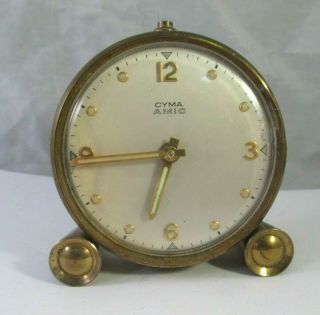 Vintage Cyma Amic Brass Mid Century Travel Alarm Clock