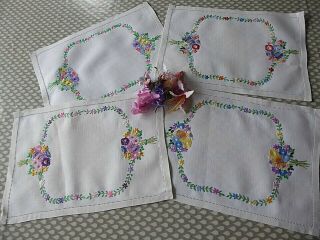 Vintage Hand Embroidered Linen Set Of 4 Mats/tray Cloths.  Work