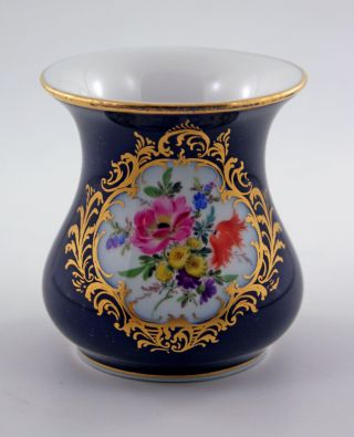 Meissen Cobalt Blue And Gold Vintage Vase With Hand Painted Flowers In Reserve