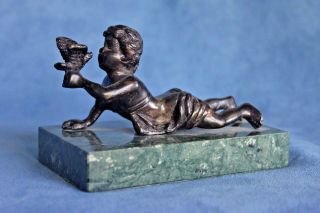 Antique Signed French Bronze Cherub Talking With Bird Green Marble Base Figure