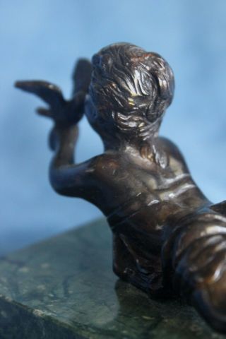 Antique Signed French Bronze Cherub Talking With Bird Green Marble Base Figure 3
