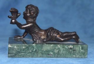 Antique Signed French Bronze Cherub Talking With Bird Green Marble Base Figure 4