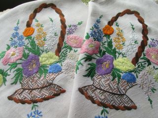 Vintage Pair Hand Embroidered Linen Cushion Cover - Floral Baskets