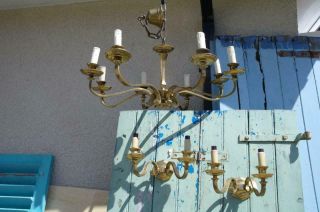 Large Antique French Brass Chandelier & Sconces Chateau Salvaged C.  1910 