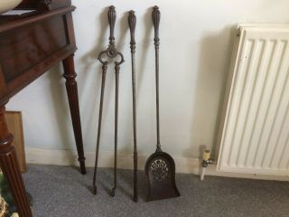 Antique 19th Century Set Of 3 Country House Steel Fire Irons