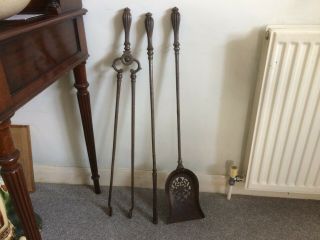 Antique 19th Century Set of 3 Country House Steel Fire Irons 2
