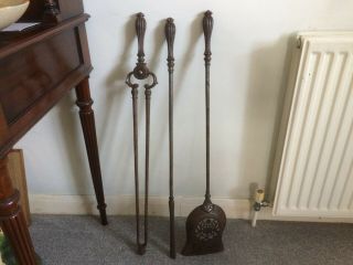 Antique 19th Century Set of 3 Country House Steel Fire Irons 3