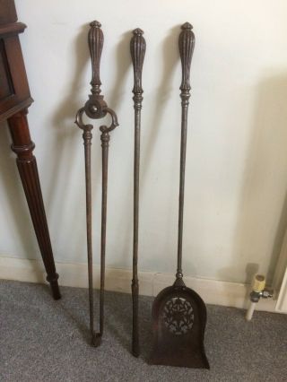 Antique 19th Century Set of 3 Country House Steel Fire Irons 7