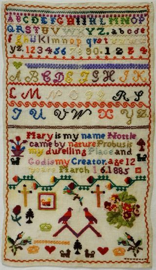 Late 19th Century Motif & Alphabet Sampler By Mary Nottle Age 12 - March 16 1885