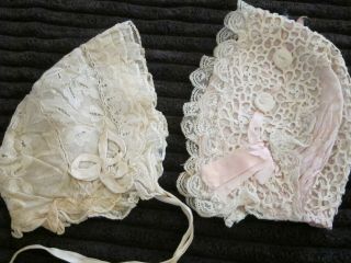 C.  1880 Antique French Lace & Silk Baby Bonnets X 2