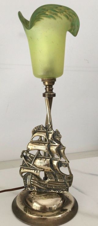 Vintage Brass Table Lamp Clipper Ship With Green Lilly Shade