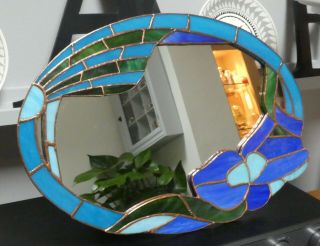 Vintage Stained Leaded Glass Mirror,  With Copper Metal Work