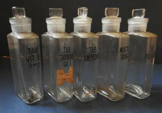 Set Of Five Victorian Glass Chemists Bottles Inscribed In Black Lettering