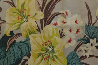 vintage bark cloth fabric leaves flowers cotton green yellow tan 2