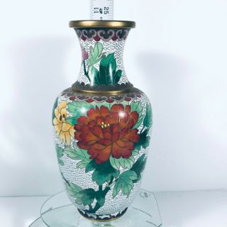 Antique Chinese Beijing Gilt Metal Cloisonne & White Enamel Vase & Peony Flowers