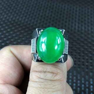 Chinese Handwork Rare S925 Silver & Green Jadeite Jade Oval Bead No.  9 - 12 Ring