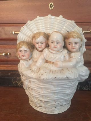Antique Heubach?conta Boehme? Four Piano Babies In Basket Porcelain " Nt " On Tag