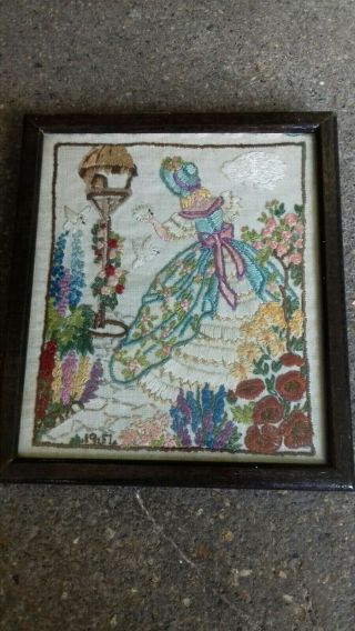 Vintage Embroidery Picture Crinoline Lady Doves Garden Flowers Flora M Goulds