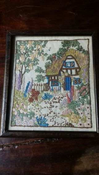 Vintage Embroidery Picture Thatched Cottage Garden Flowers Trees Flora M Goulds