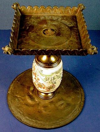 ANTIQUE FRENCH EMBOSSED BRONZE & JAPANESE SATSUMA PEDESTAL CALLING CARD TRAY 8