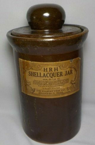 Vintage Rare H R Hunting Co.  Hrh Shellacquer Jar Lidded Crock W Brush