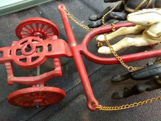 Vtg.  FIRE ENGINE water wagon 3 HORSE DRAWN 2 men CAST IRON FIRE pumper / hoses 7