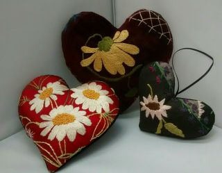 Set Of 3 Hearts From 1880 - 90s Crazy Quilt Floral Designs Stitched,  Back Velveted