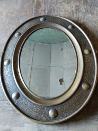 Arts & Crafts Hammered Brass Porthole Style Oval Mirror