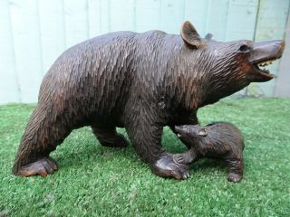 19thc Black Forest Wooden Oak Carving Of Brown Bear With Cub C1890s
