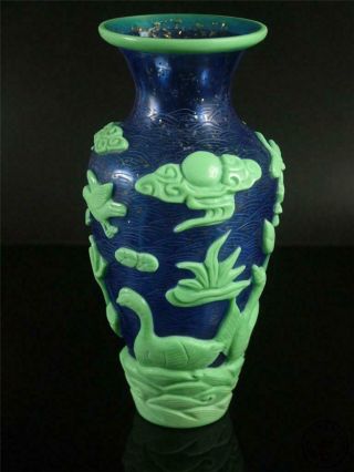 Fine Old Chinese Peking Glass Made Bottle Vase Pot Statue bird,  lotus,  ducks 4