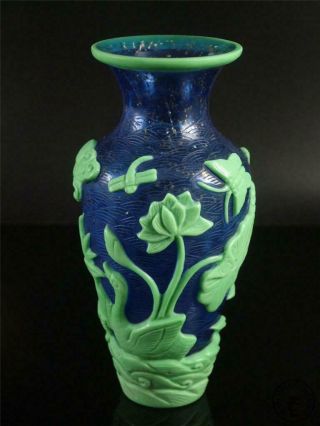 Fine Old Chinese Peking Glass Made Bottle Vase Pot Statue bird,  lotus,  ducks 5