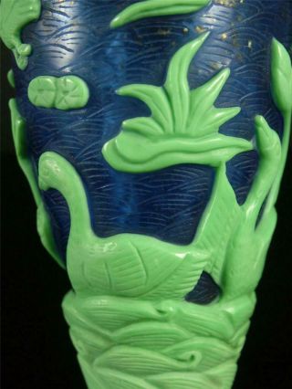 Fine Old Chinese Peking Glass Made Bottle Vase Pot Statue bird,  lotus,  ducks 6