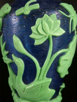 Fine Old Chinese Peking Glass Made Bottle Vase Pot Statue bird,  lotus,  ducks 7