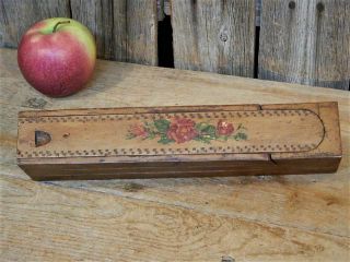 Aafa Early Antique Wooden Slide Pencil Box W/ Folk Art Painted Roses 3 Levels