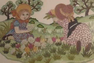 A Vintage Needlework / Embroidery Picture Of Girls In A Flower Garden / 1970s