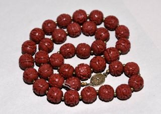 Fine Antique Chinese Carved Cinnabar Bead Necklace W/ Silver Clasp