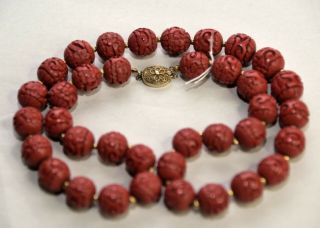 Fine Antique Chinese Carved Cinnabar Bead Necklace w/ Silver Clasp 2