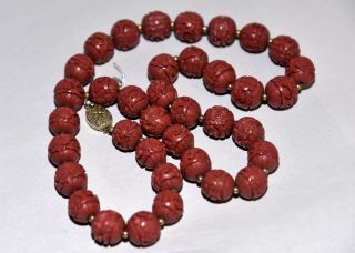 Fine Antique Chinese Carved Cinnabar Bead Necklace w/ Silver Clasp 3