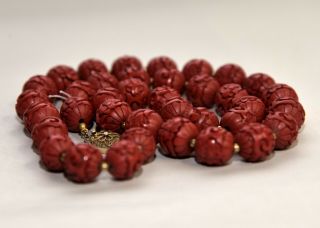 Fine Antique Chinese Carved Cinnabar Bead Necklace w/ Silver Clasp 4