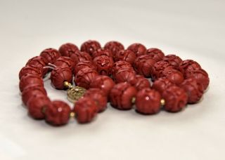 Fine Antique Chinese Carved Cinnabar Bead Necklace w/ Silver Clasp 5