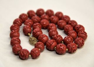 Fine Antique Chinese Carved Cinnabar Bead Necklace w/ Silver Clasp 6