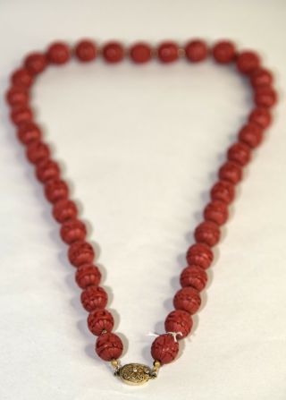 Fine Antique Chinese Carved Cinnabar Bead Necklace w/ Silver Clasp 7