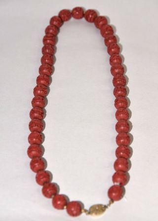 Fine Antique Chinese Carved Cinnabar Bead Necklace w/ Silver Clasp 8