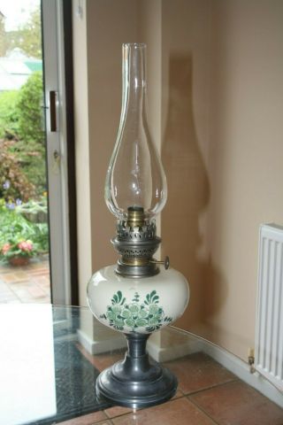 Antique Victorian Hand Painted Font Oil Lamp And Chimney