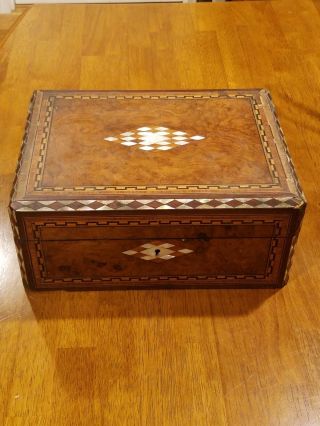 Antique Wooden Walnut Letter Sewing Box With Mother Of Pearl Inlay,  Very Large